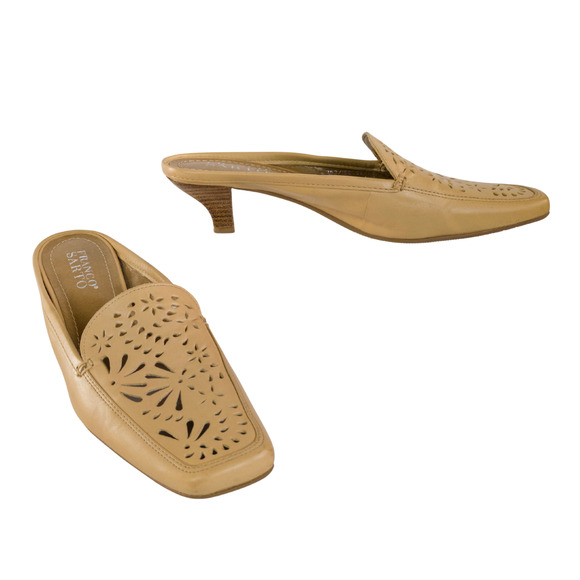 FRANCO SARTO Tan Leather Floral Cut Out Square Toe Heeled Mules Women's 7 - Picture 1 of 8